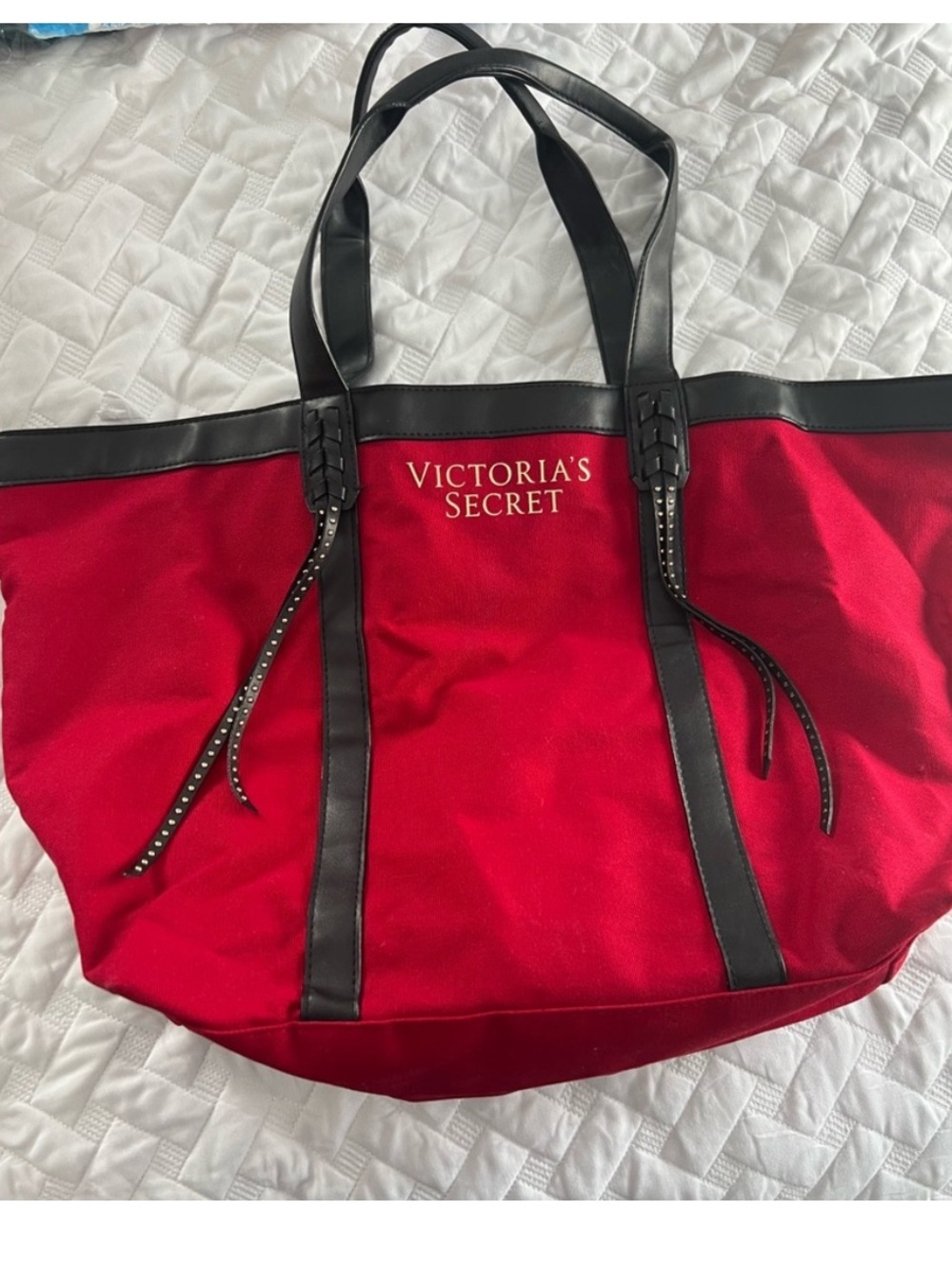 Victoria's Secret Red Tote with Black Trim and Stud Details